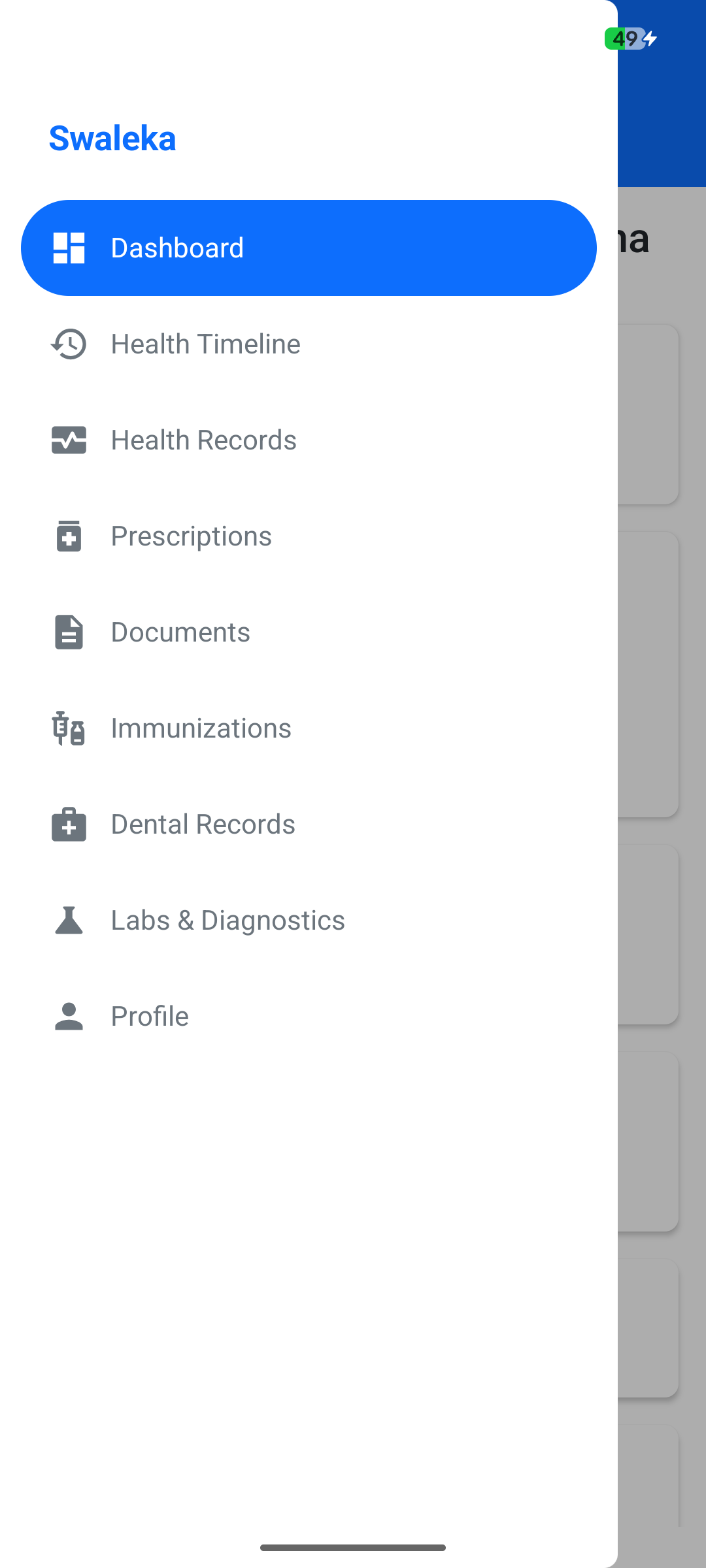 Swaleka mobile app menu listing health records, prescriptions, documents, immunizations and labs