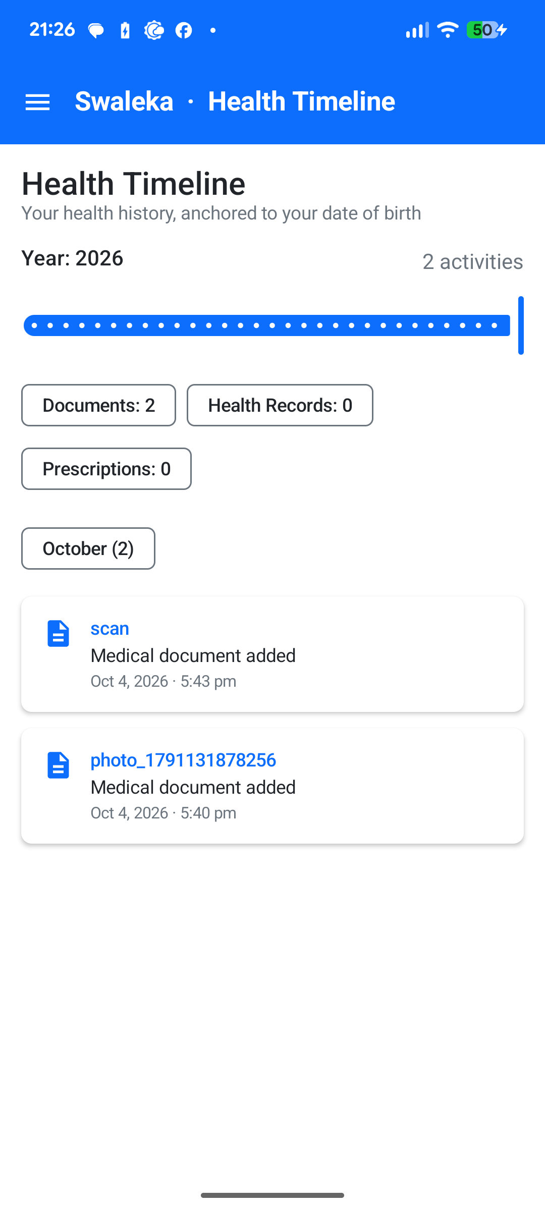 Swaleka mobile app showing a health timeline of added medical documents